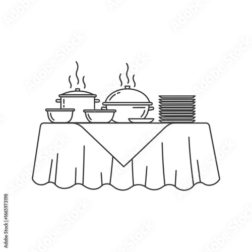 Vector art of line art illustration of a buffet table with serving dishes, bowls, and stacked plates, suggesting a catered event or restaurant service