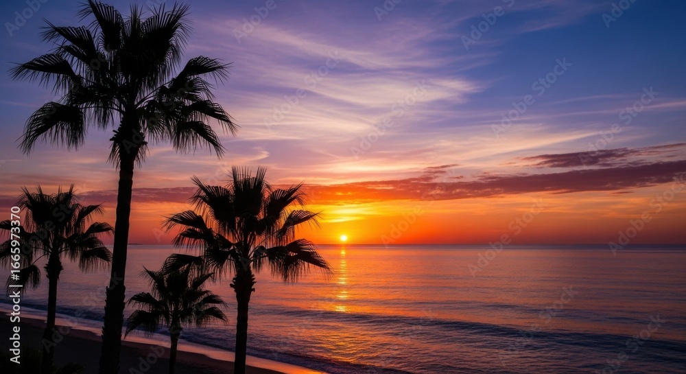 Obraz premium Palm Trees Silhouetted Against a Vibrant Coastal Sunset Sky Landscape