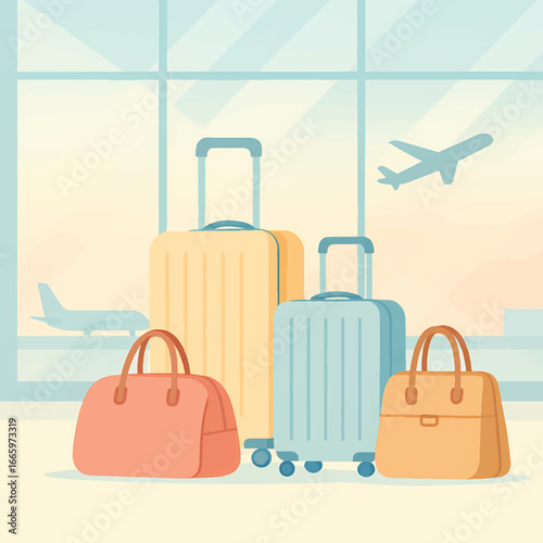 A set of colorful luggage and handbags placed at an airport terminal with airplanes visible outside, symbolizing travel and exploration.