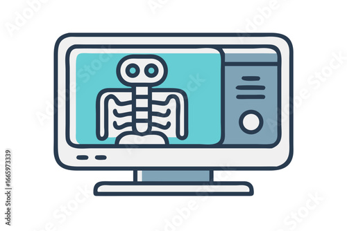 Digital x ray scan of a human skeleton displayed on a computer monitor screen