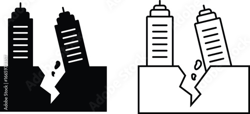 Earthquake building collapse icon set, black solid and outline vector of damaged skyscrapers, cracked ground, shaking effect, seismic disaster, destruction, emergency alert and safety awareness symbol