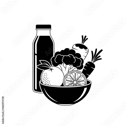 Vector art of a black and white illustration of a bottle of juice next to a bowl filled with fresh fruits and vegetables, including an orange, lemon, broccoli, and carrots, isolated on a
