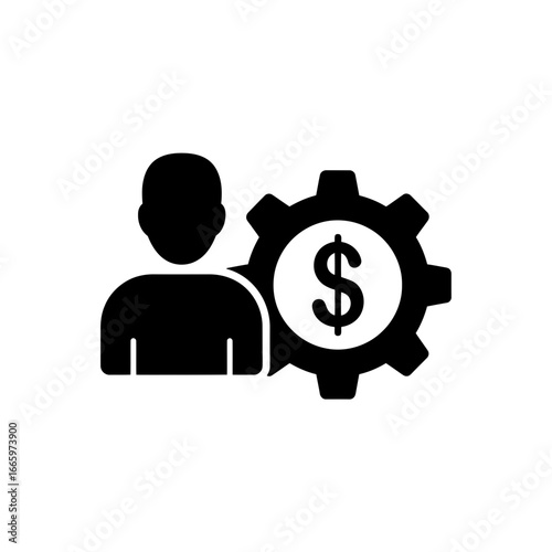 Vector art of business finance management concept with a person icon and a gear with a dollar sign, symbolizing financial strategy and economic growth