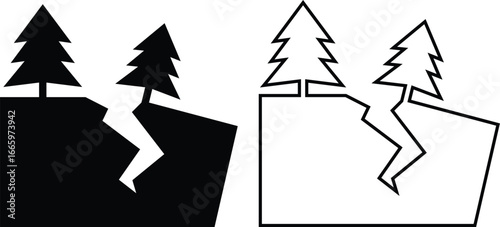 Earthquake broken road collapse icon set, black solid and outline vector of damaged skyscrapers cracked ground shaking effect seismic disaster, destruction, emergency alert and safety awareness symbol