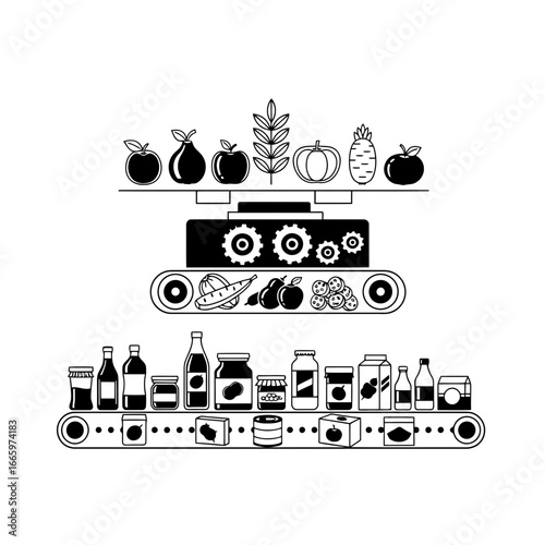 Vector art of food production line with fruits, vegetables, and packaged goods on conveyor belts, illustrating industrial manufacturing and processing