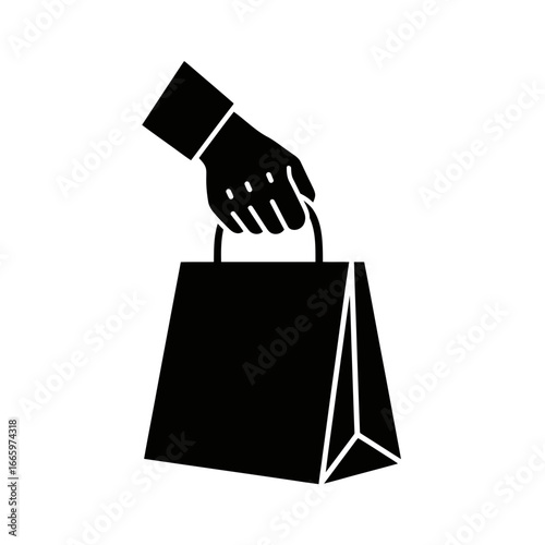 Vector art of black silhouette of a hand holding a shopping bag with handles, isolated on a, representing commerce and retail