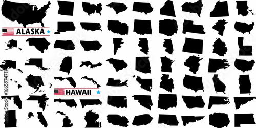 United States of America all states silhouette map collection on white background