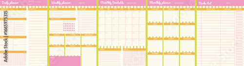 Personal planner pages template set colorful playful design. Daily, weekly, monthly, timetable and books list plan notepad format A4