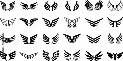 Collection of twenty four stylized wing designs in black and white