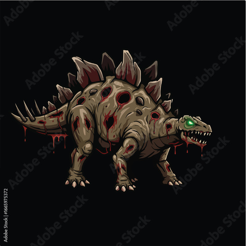A terrifyingly detailed illustration of a zombie Stegosaurus, its skin ripped and bloody, with glowing green eyes and sharp teeth, against a stark black background.