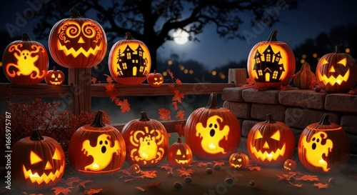 Luminous Halloween pumpkins illuminating a tranquil autumn night scene