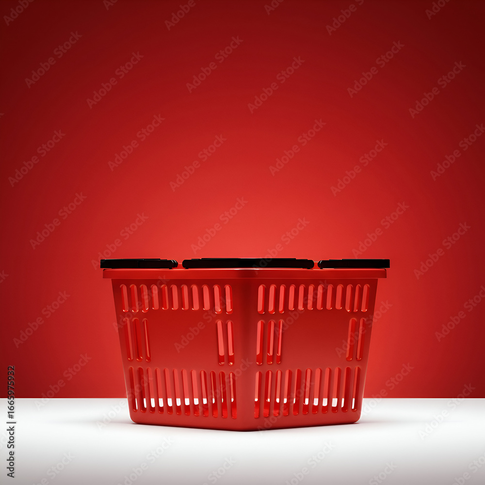 Fototapeta premium Red shopping basket on white surface against a vibrant red background. Empty basket positioned centrally on a plain surface. Retail product display for a grocery store -