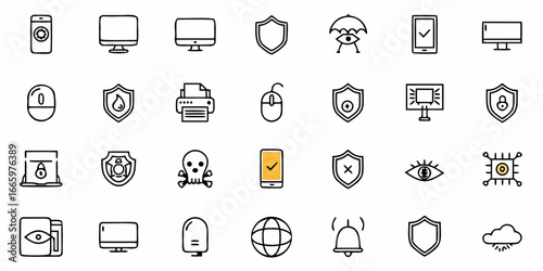 Cybersecurity icons offer protection for computers, phones and networks with vector graphics