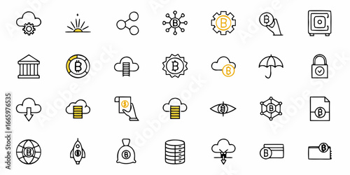 Modern bitcoin cryptocurrency icon set representing digital finance and blockchain technology solutions
