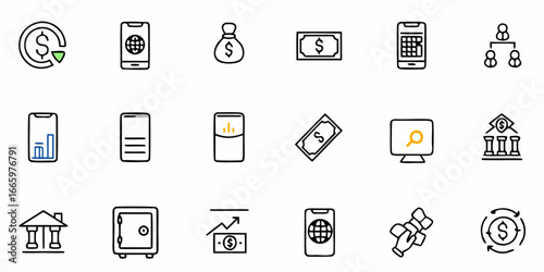 Modern financial doodle set for business and investment success, showing money management and growth icons