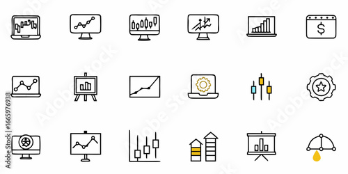 Essential business analysis icons for presentations, reports, and financial dashboards, originally vector graphics