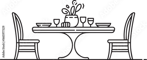 Dining table set with chairs and floral arrangement place setting plates