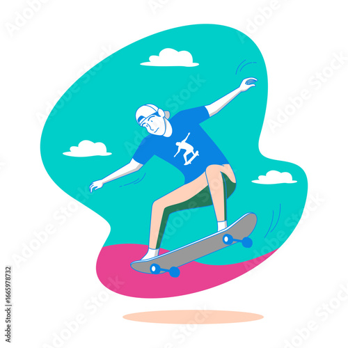 Teenager Skateboarding. Young man in blue t shirt and cap skateboarding with clouds isolated on transparent background.