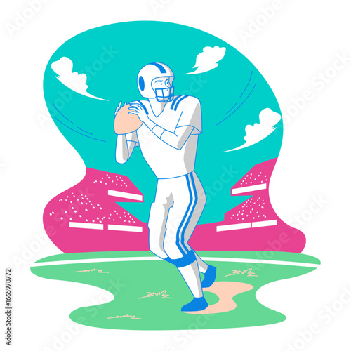 American Football Player. American football player in uniform throwing a football on the field isolated on transparent background.