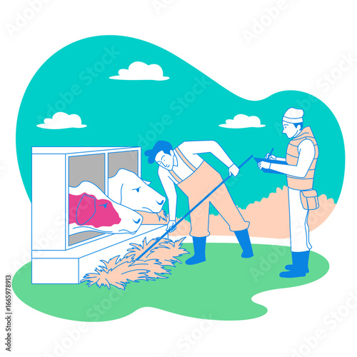 Dairy Farmer. Farmers tending to cows in a field isolated on transparent background.