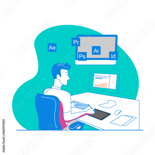 Designer. Graphic designer working on computer with adobe software icons isolated on transparent background.