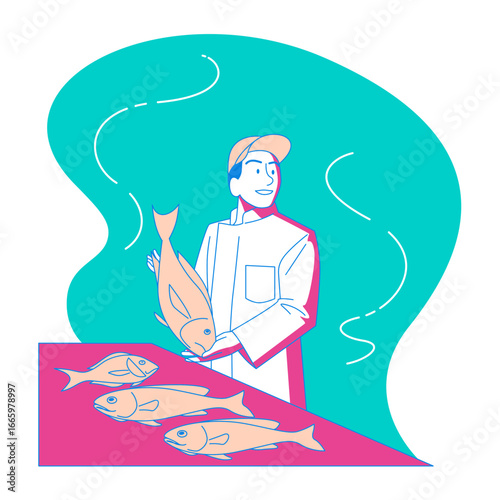 Fish Monger. Fishmonger holding fresh fish with seafood display isolated on transparent background.