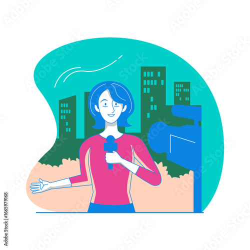 News Reporter. Female reporter holding microphone in front of city buildings and camera isolated on transparent background.