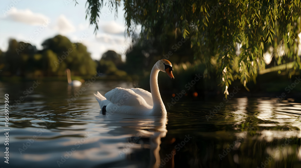 Fototapeta premium White Swan Swimming in Calm Lake Underneath Trees