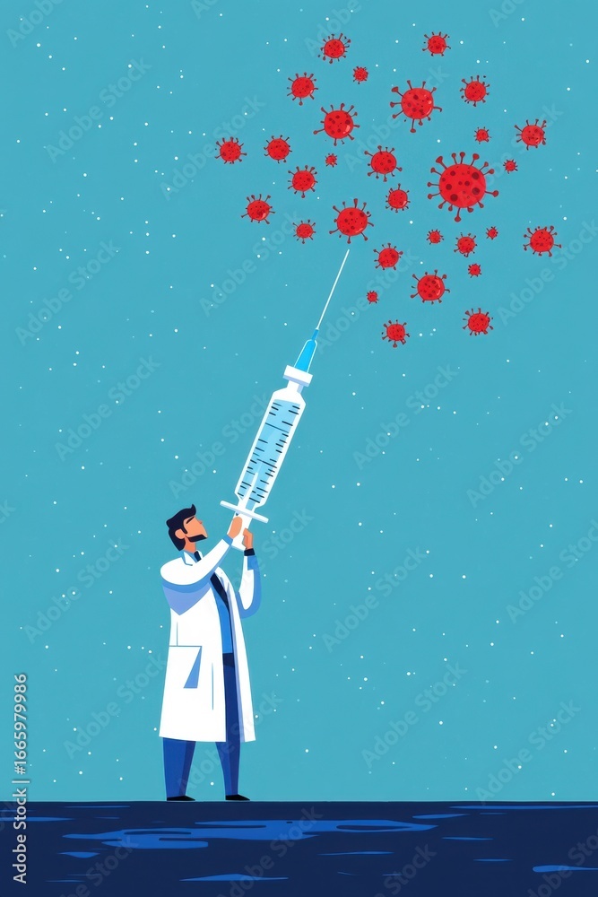 Naklejka premium Doctor with syringe fighting virus medical health protection vaccination concept illustration blue background