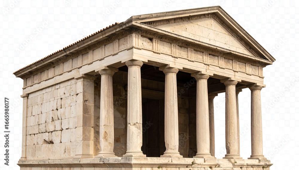 Obraz premium Isolated Ancient Roman Temple with Columns and Tiled Roof on White Background