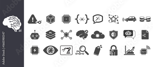 Artificial Intelligence Solid Icons Set - AI, Machine Learning, Robotics Vector Glyph Set