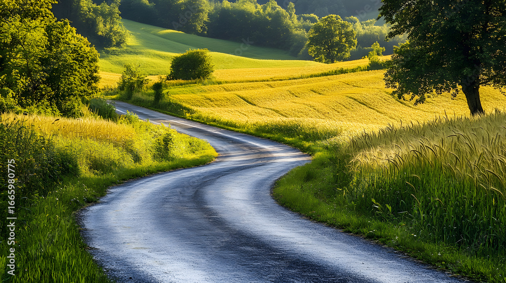 Naklejka premium A winding country road with green grass and golden wheat. A rural landscape background illustration.