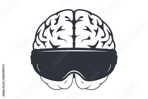 Brain wearing virtual reality headset on white background silhouette
