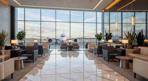 Spacious and Luxurious Airport Lounge Interior with Panoramic Window View of Parked Airplane.