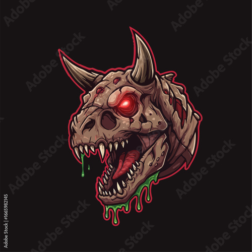A fierce zombie dinosaur skull illustration with a glowing red eye and green slime dripping from its mouth and jaw.