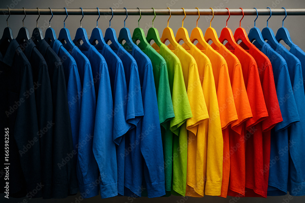 Fototapeta premium Colorful t-shirts arranged in rainbow order on a clothing rack, showcasing a vibrant spectrum from black and blue to red, representing fashion and organization.