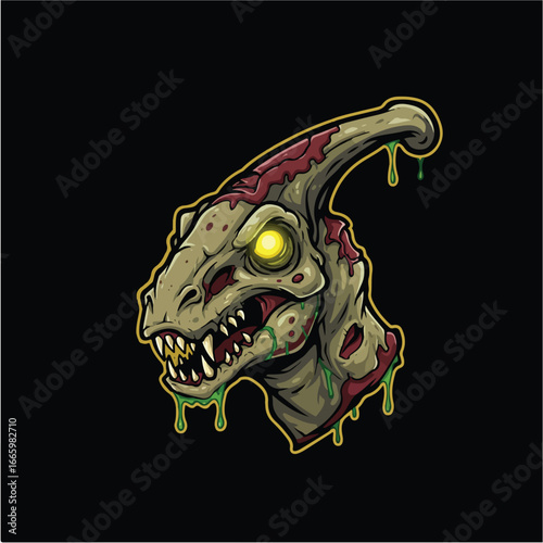 A menacing zombie Parasaurolophus dinosaur head with glowing yellow eyes and dripping green slime.