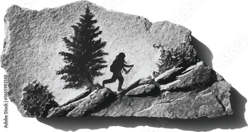 Black and white vector illustration of a snowy mountain landscape with skiing and snowboarding elements.