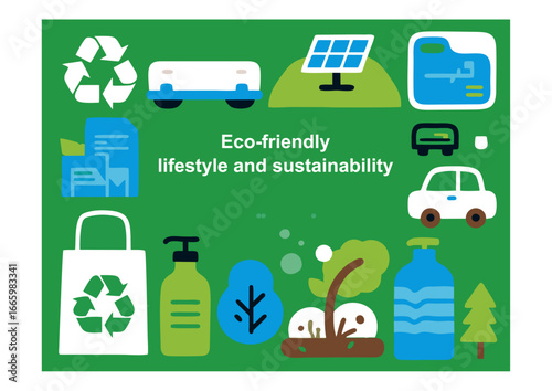 Eco-Friendly Lifestyle and Sustainability with Recycle and Green Energy Icons