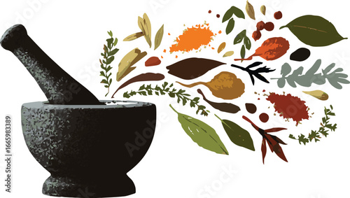 Mortar and pestle with fresh herbs on white background.