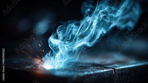 Welding sparks create mesmerizing blue smoke against a dark backdrop, an industrial art form.