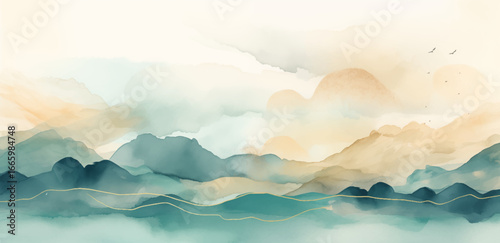 The serene mountain scene in watercolors captures the beauty of nature with clouds, sky, water, and horizon, creating a peaceful atmosphere and harmonious ecoregion landscape vector illustration. 