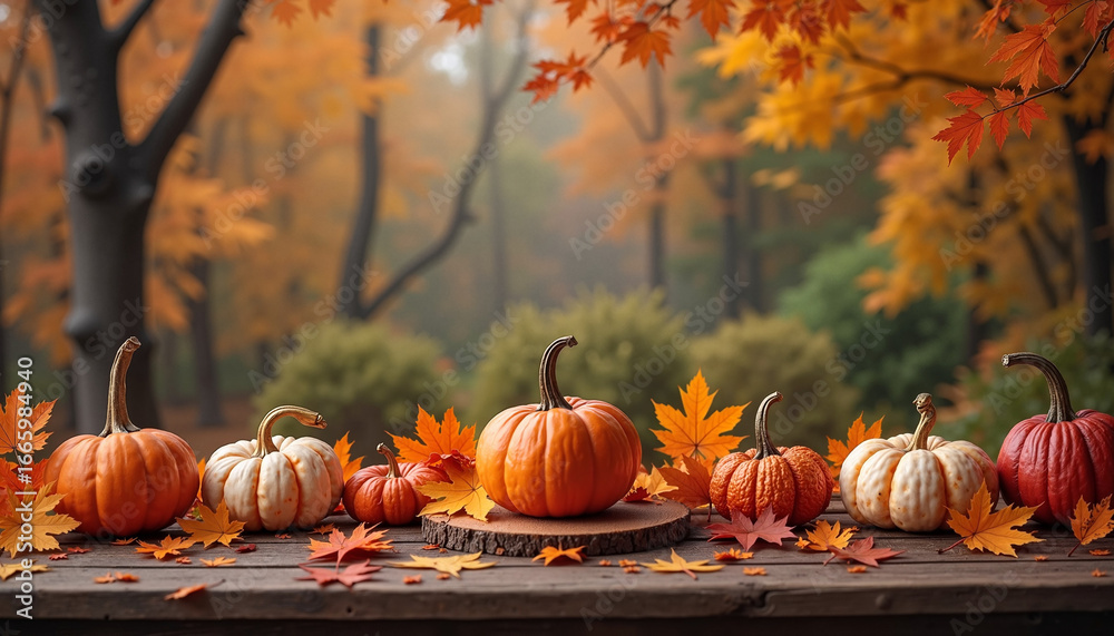 Naklejka premium Pumpkins and autumn leaves on wooden table 