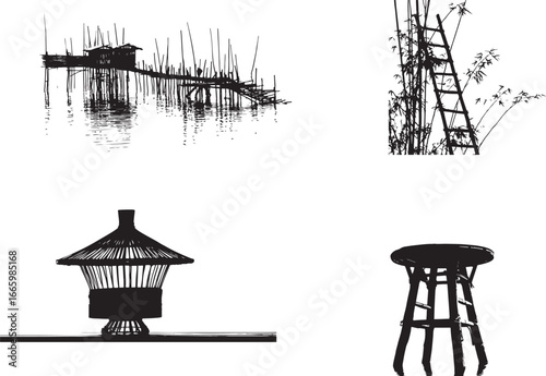 Silhouette of a Japanese garden with traditional restaurant and architectural elements in vector style.