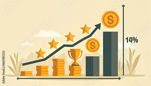 Financial growth chart with coins, trophy, and stars
