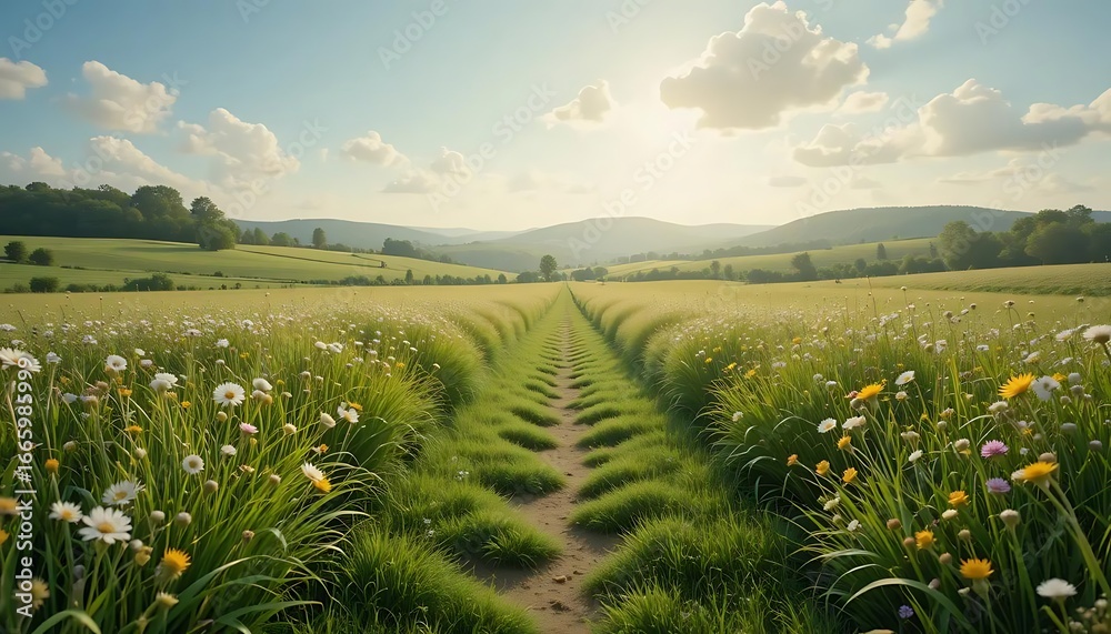 Fototapeta premium Discover a scenic path through a vibrant meadow filled with wildflowers on a sunny day