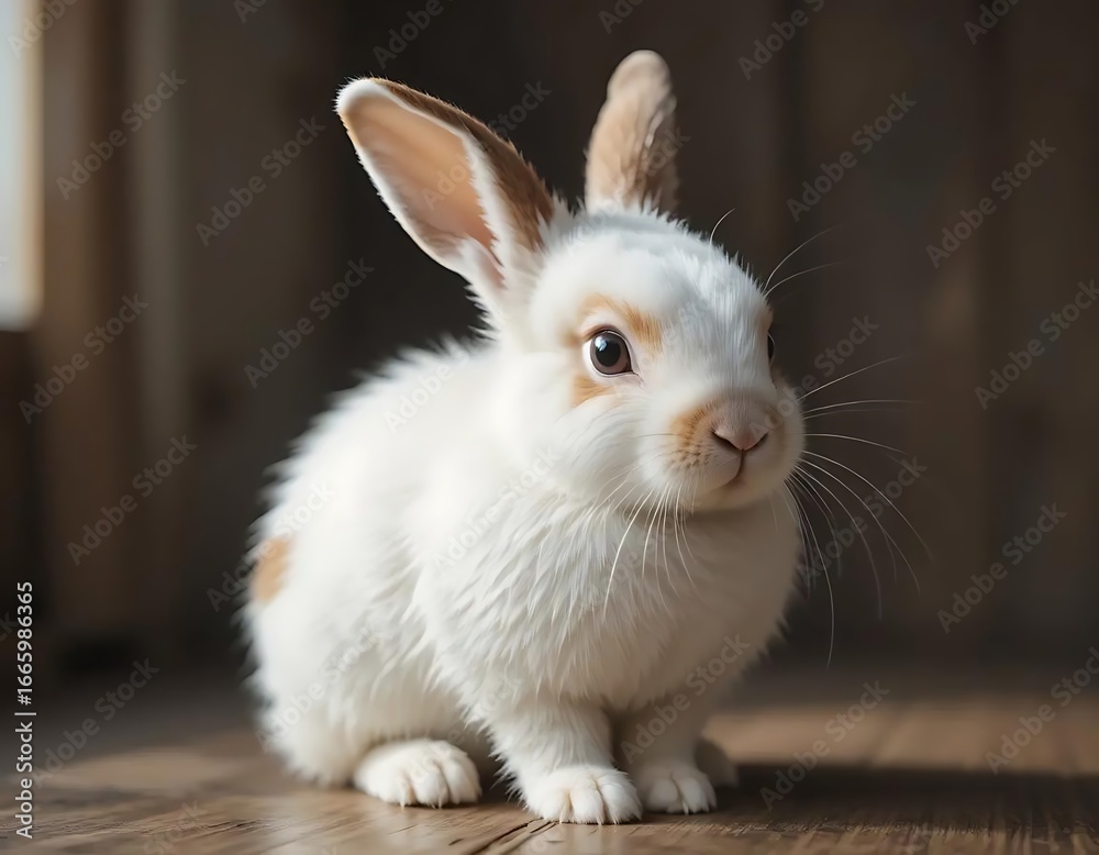 Obraz premium Adorable white rabbit with brown markings sitting on a wooden floor looking cute