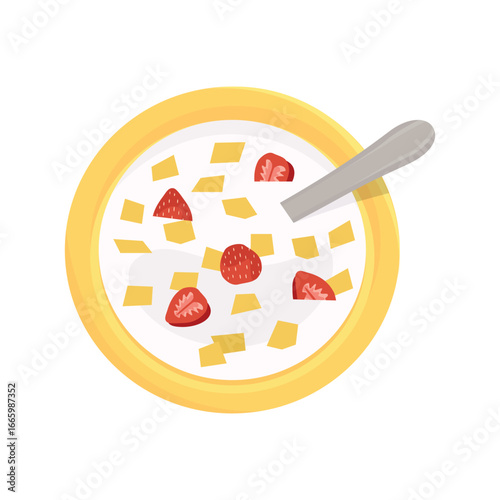 Strawberry cornflakes. A bowl of cereal illustration. Breakfast meal. Crispy cornflakes. Oatmeal.