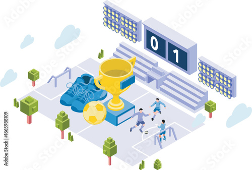 Football Vibes Isometric Illustration, Football Vibes Isometric Illustration – Soccer Match, Trophy, and Stadium