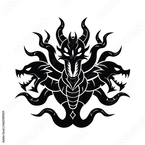 Intricate black and white illustration of a multi headed mythical beast